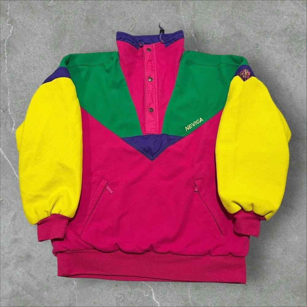 Vtg 80s Nevica Mens Multicolor Retro 1/2 Zip Colorblock Fleece Ski Jacket L